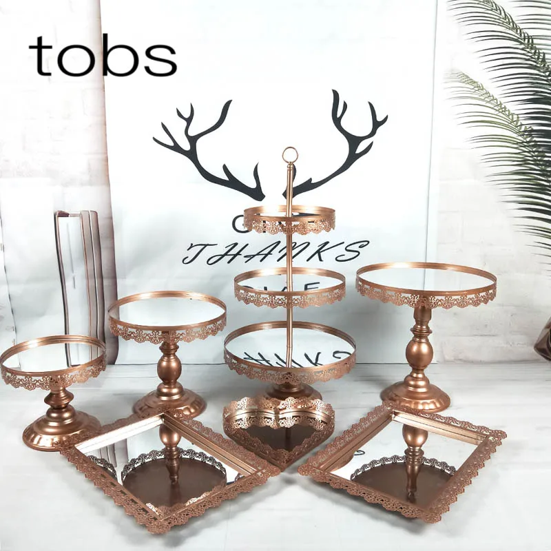 7PCS rose gold Розовое золото металл, акрил зеркало украшения с кристаллом кекс 7 шт. торт стенд набор держатель - Цвет: 7PCS rose gold