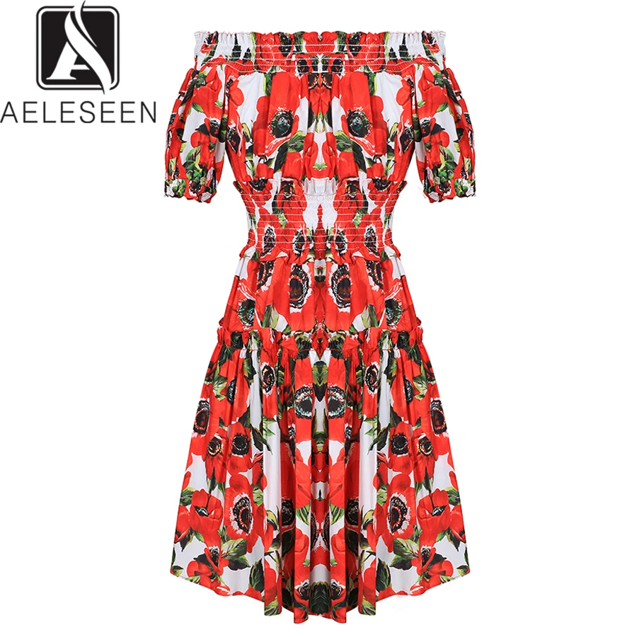 AELESEEN Designer Summer Cotton Dress 2019 Women's Elastic Off the Shoulder Elegant Red Floral Print Boho Holiday Short | Женская