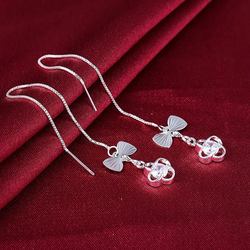 Shiny Cubic Zircon Clover Flower Long Chain White Gold Color Dangle Drop Earrings for Women Engagement Jewelry | Украшения и