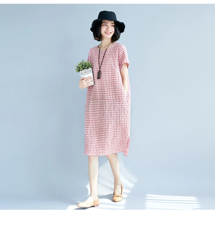 Большие размеры летнее женское платье базовое льняное клетчатое с принтом