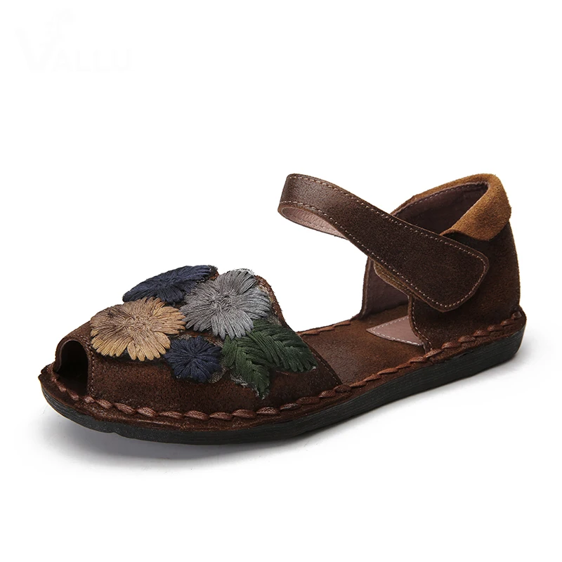 

2019 VALLU Peep Toes Women Sandals Shoes for Summer Genuine Leather Handmade Flowers Ankle Strap Women's Flat Sandals