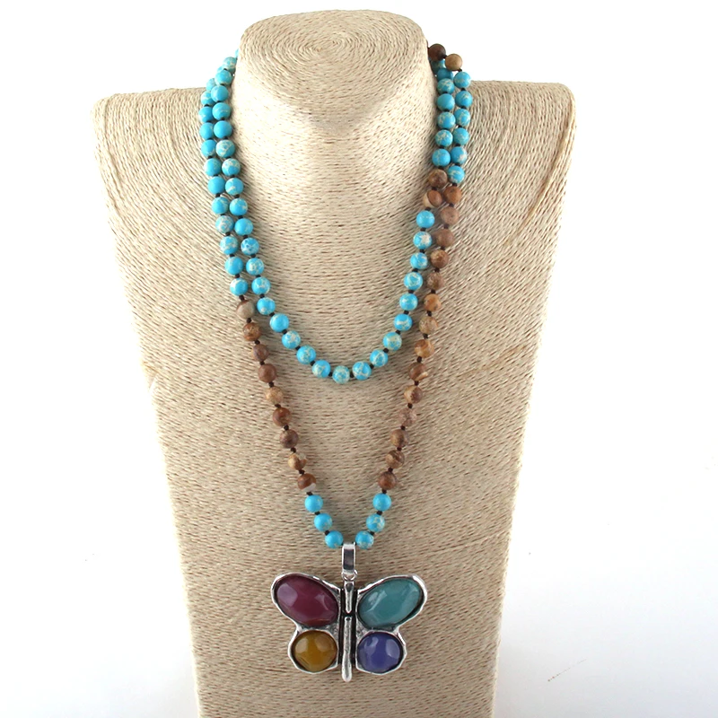 Новинка! MOODPC 108 бусины Mala Multi Stone сплетенные бабочки ожерелье с подвеской Женская