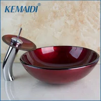 KEMAIDI Burgundy Popular Good Quality Glass Faucet Construction Real Estate Bathroom Vessel With Drainer Glass Basin Sink Set