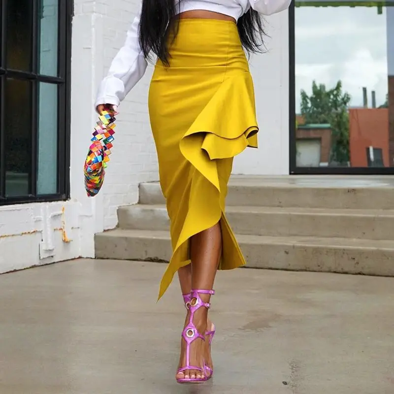 Имбирная желтая облегающая юбка элегантная Офисная Женская Асимметричная