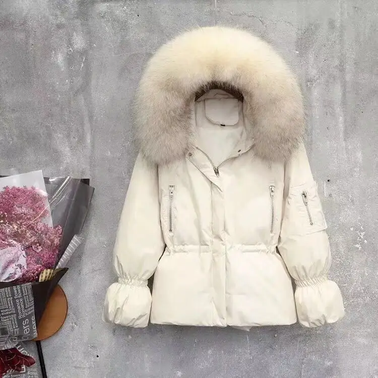 Зимнее модное Брендовое большое пальто с натуральным мехом енота на утином пуху, женский плащ на молнии, стильная теплая пуховая парка с капюшоном, wq707