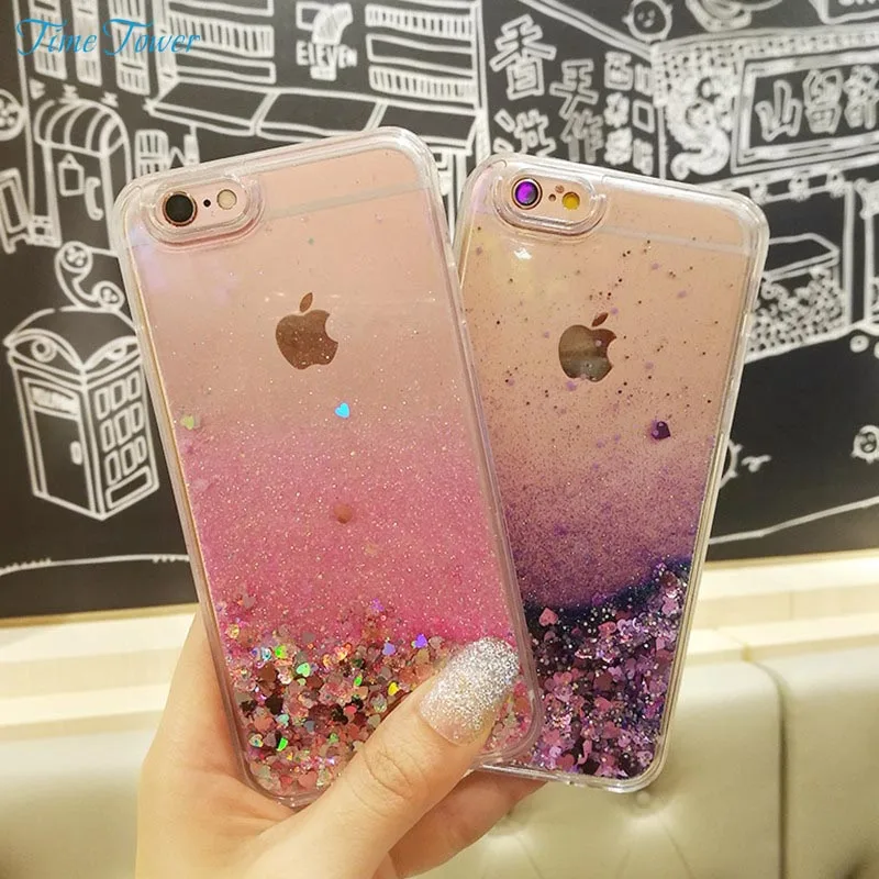 Время башня Любовь Сердце Блеск динамический жидкость зыбучие пески Чехол для