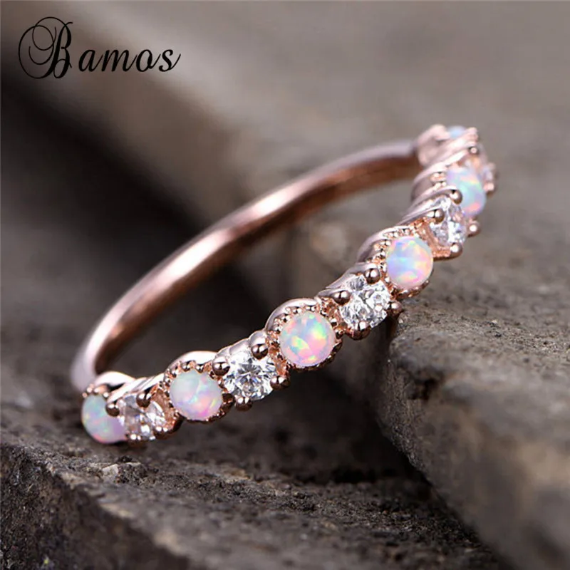 Rose Gold Color Обручальное кольцо Bamos с белым огненным опалом, изысканные обручальные кольца с цирконием для женщин, винтажное ювелирное изделие с покрытием из розового золота, лучший подарок - Цвет основного камня: Rose Gold Color