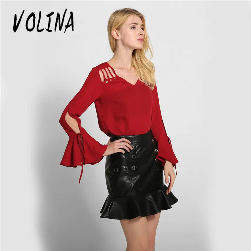 VOLINA chiffon shirt women tops long sleeve Flare red black ladies shirts summer hollow out plus size female fashion | Женская одежда