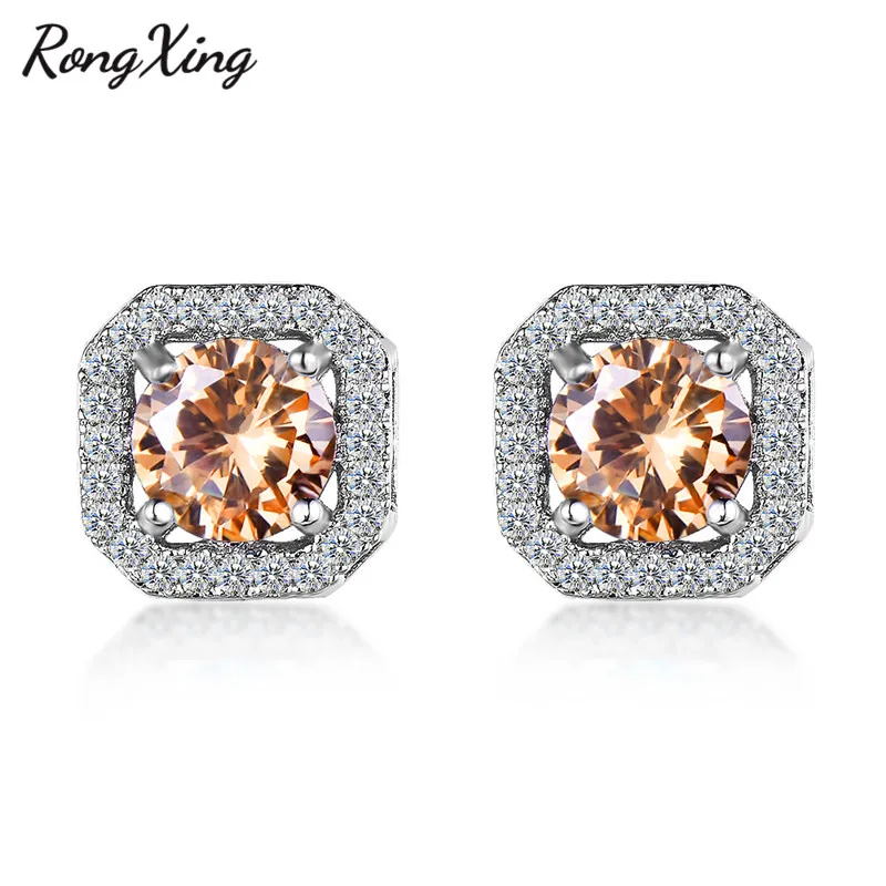 Champagne RongXing 925 пробы, заполненные серебром, белый/синий/зеленый огненный опал, циркониевые квадратные серьги-гвоздики для женщин, радужные серьги с камнем рождения - Окраска металла: Champagne