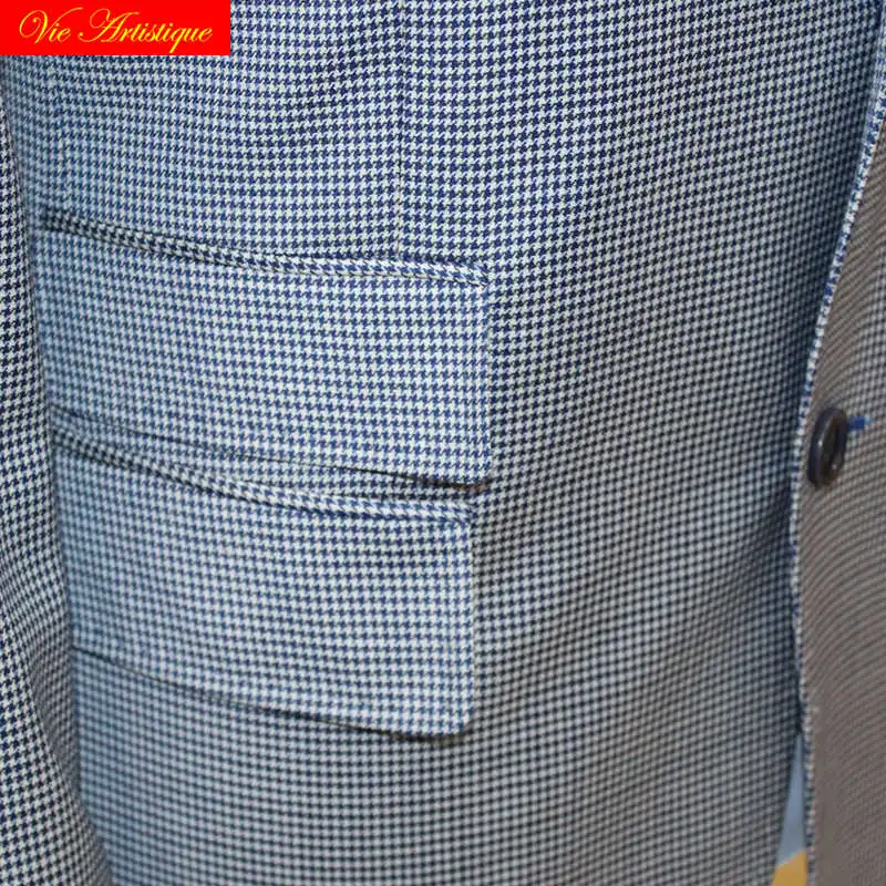 custom tailor made suits 3 pieces jacket pant vest Worsted wool Men's groom tuxedos slim fit wedding blue birdeye plaid lattices