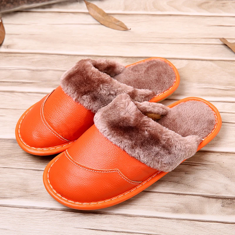 BeckyWalk/нескользящая зимняя обувь Женская домашняя Тапочки из натуральной кожи