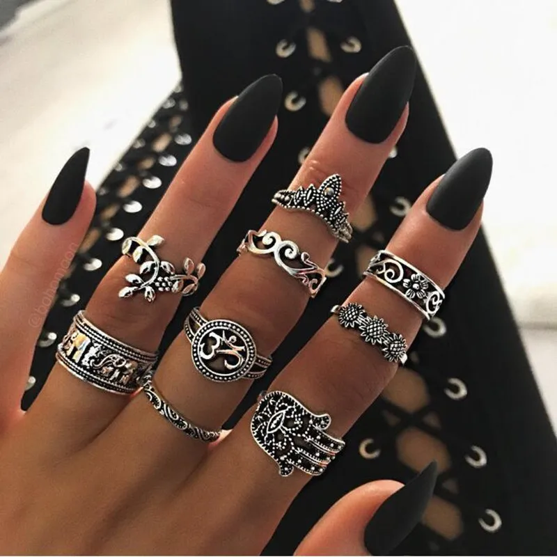9Pcs/set Boho Knuckle Rings for Women Bohemian Retro Hollow Carved Elephant Palm Crown Punk Midi Finger silver Ring Set anillos | Украшения