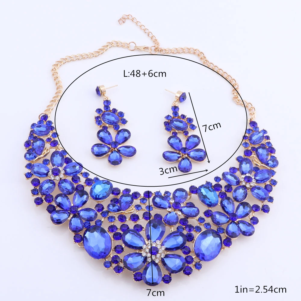 OEOEOS Gold Color Luxury Crystal Bridal Jewelry Sets Flower Shaped Rhinestone Necklace Earrings Prom Wedding | Украшения и