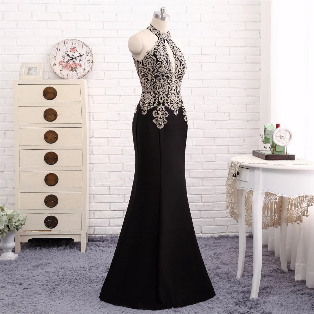 Женское вечернее платье русалка Черное длинное с золотистой аппликацией и