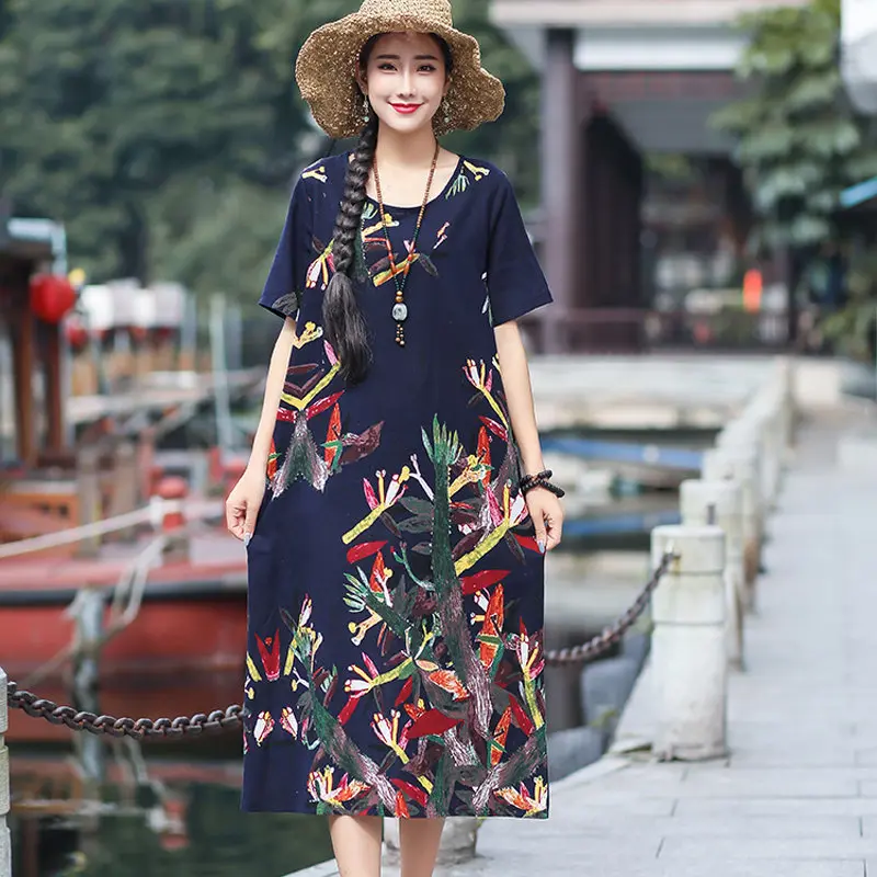 336Navy short sleeve Летнее свободное тонкое платье больших размеров, женское винтажное платье с коротким рукавом и принтом, хлопковое льняное платье, vestiod, женские платья для работы и дома - Цвет: 336Navy short sleeve