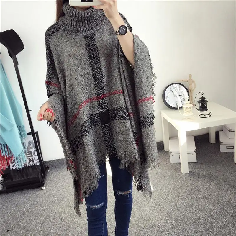 Yiwa Women High-necked Plaid Sweater Loose Bat Design Sleeve Knit Fringed Cape Jacket super soft wool fall and winter | Женская одежда