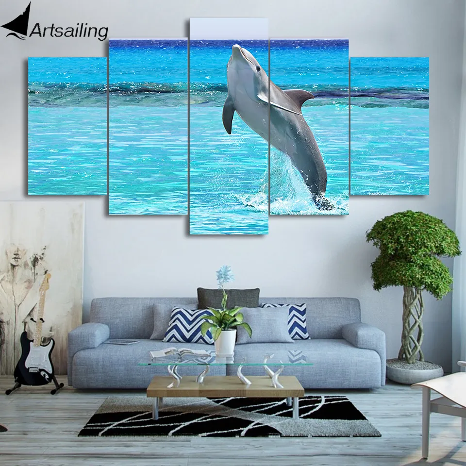 HD печать 5 шт Холст Искусство синий глубокий бассейн прыжки Дельфин картина