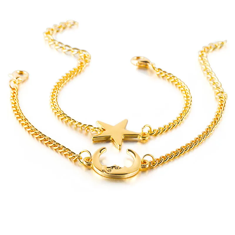 Star &amp Descent Moon Pendant Double Metallic Golden Silver Plated Bracelets 2 pieces / set | Украшения и аксессуары