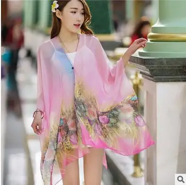 Летняя Пляжная накидка туники 2017 шифон кимоно блузки рубашки топы Femme Бабочка