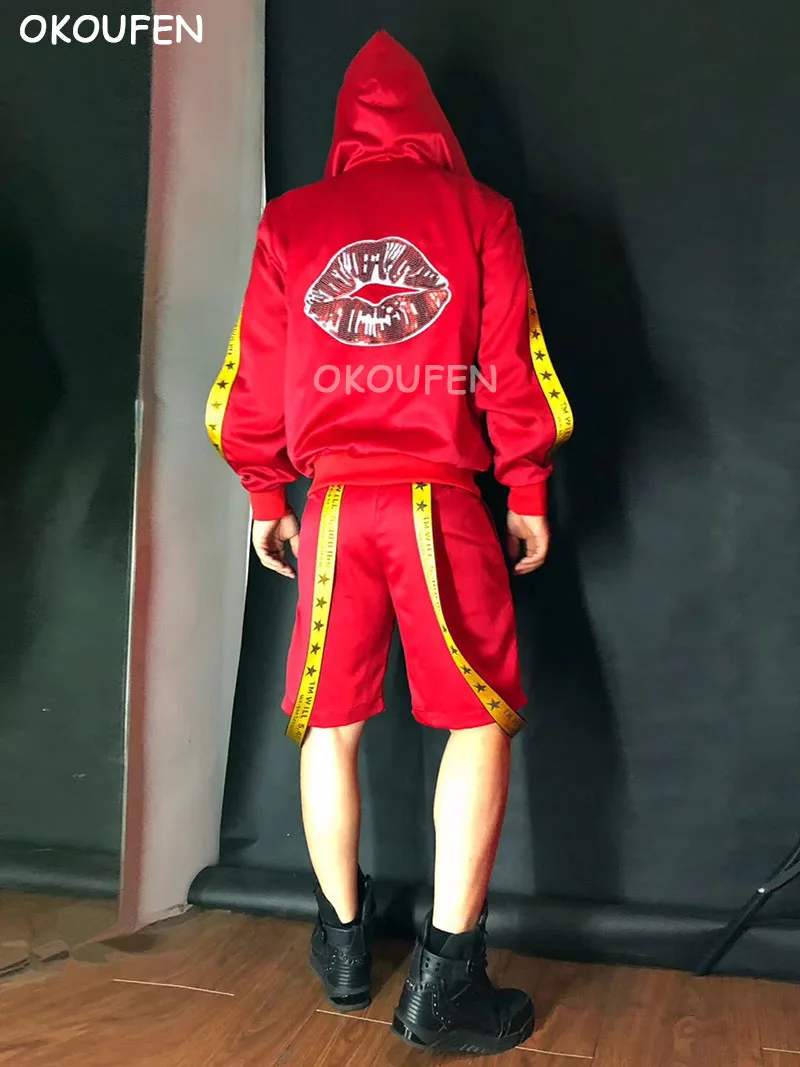 Nightclub Male Singer DJ Satin Red Lips Split Costumes set Hip Hop dancer stage show Performance Jacket shorts Christams |