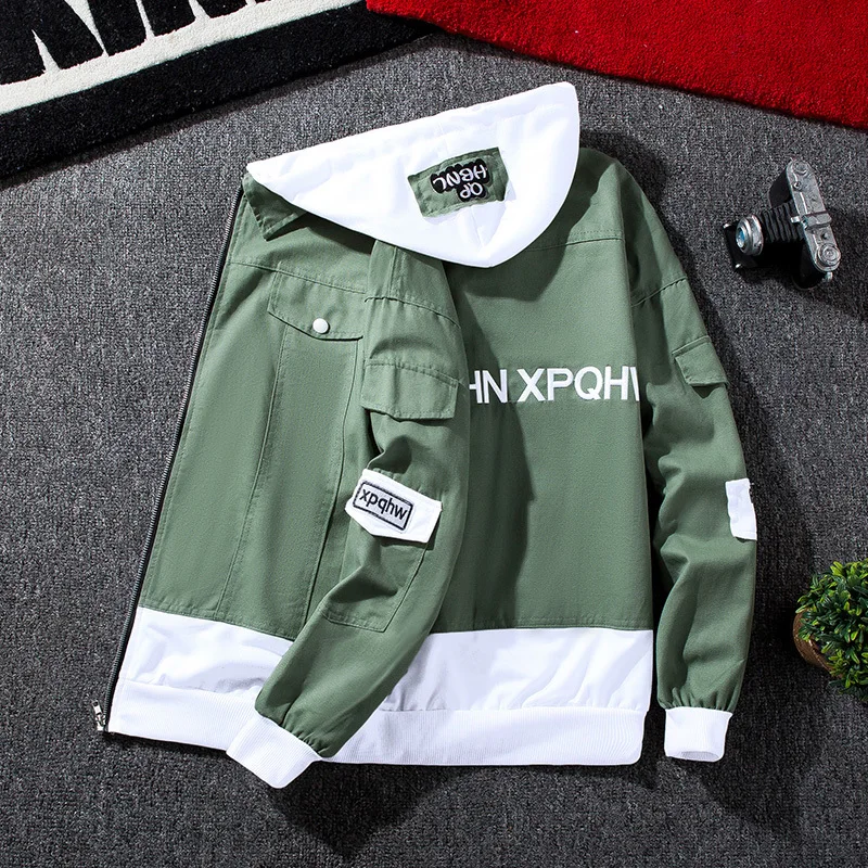 JK81 Green 3406 Весенняя красная черная джинсовая куртка мужская рваная джинсовая куртка ветровка с капюшоном на молнии уличная хип-хоп имитация двух частей - Цвет: JK81 Green