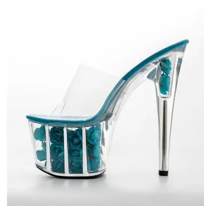 Platform Women Slippers Shoes Thin Heel Ultra High Heels 17CM Flowers Transparent Crystal Sandals Female | Обувь