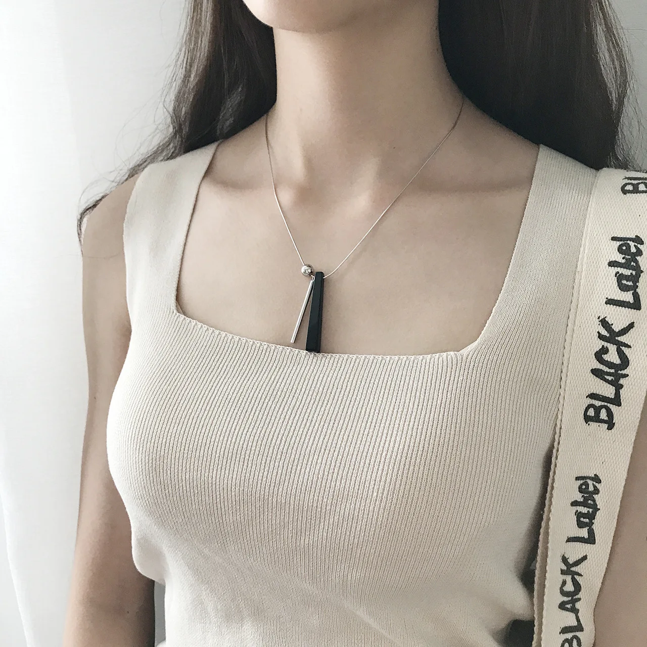 Spanish Designer 925 Sterling Silver Necklace Rectangular Column Black Stone Chain Pendant |