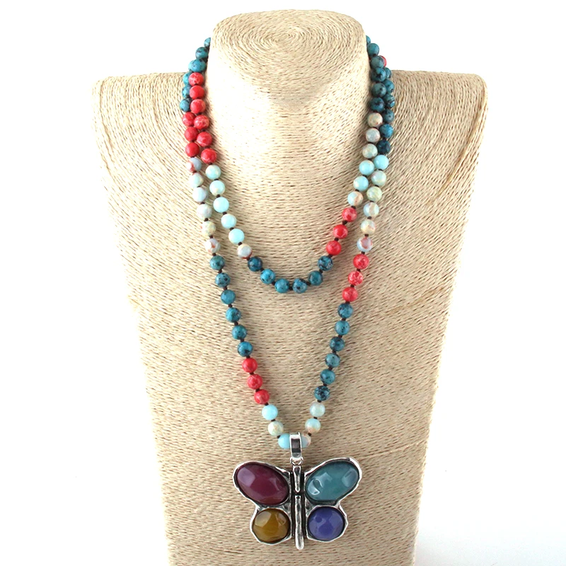 Новинка! MOODPC 108 бусины Mala Multi Stone сплетенные бабочки ожерелье с подвеской Женская