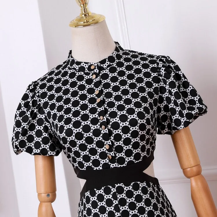 Pinkoz Short Sleeve Hollow Jumpsuit Puff Sleeve Polka Dot Jumpsuit Slim Sexy New Runway Design Playsuit Rompers Overalls