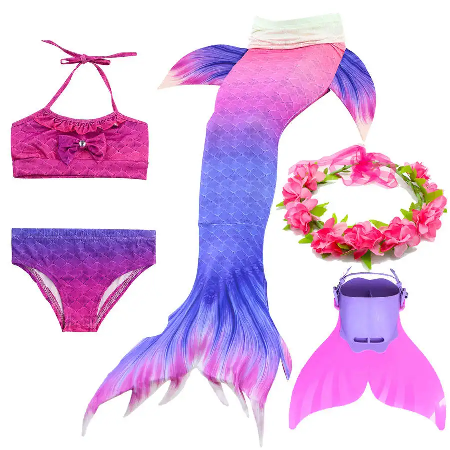 5pcs With Fins 9 Детский купальный костюм с хвостом русалки для девочек, костюмы с моноплавниками, бикини, одежда для плавания, маскарадный костюм с хвостом русалки для детей, одежда для купания - Цвет: 5pcs With Fins 9