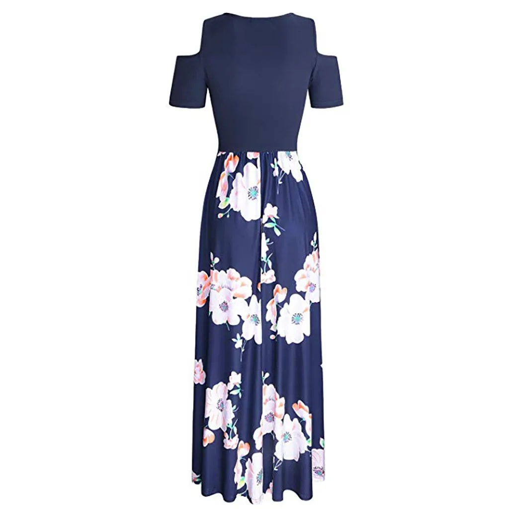 Women Cold Shoulder summer dress Pocket Floral Print Elegant Maxi Short Sleeve Casual dresses woman party night vestidos verano | Женская