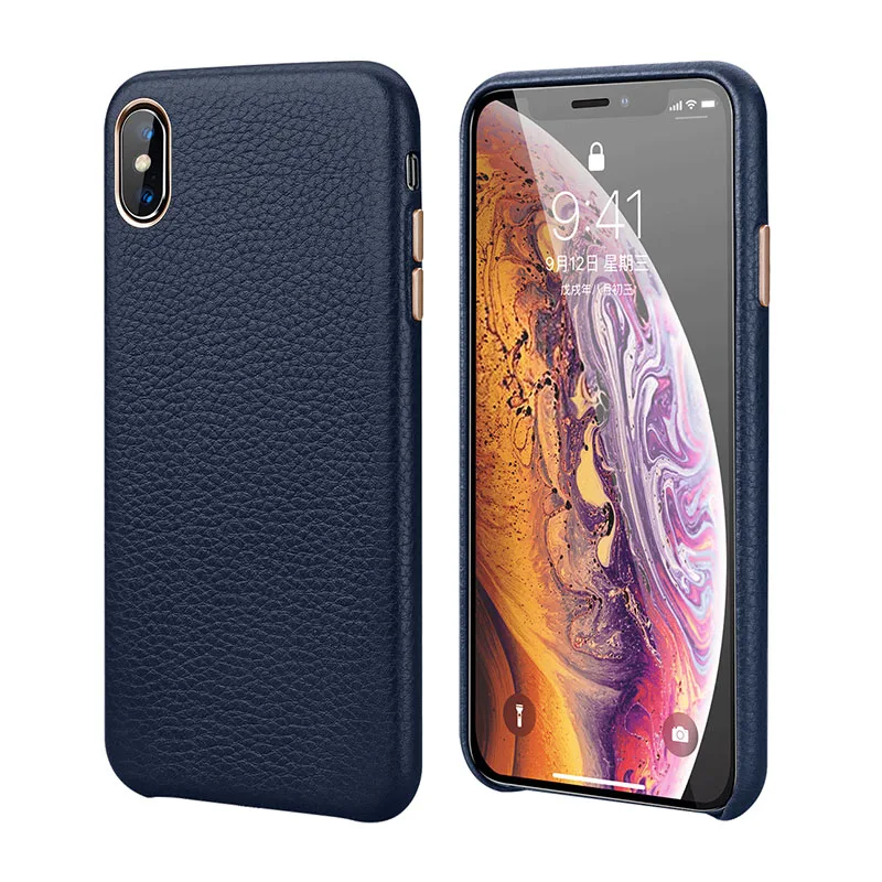 Роскошный металлический чехол с кнопкой громкости для iPhone XS MAX/X/XS/XR/7 8 Plus, винтажный тонкий мягкий чехол из натуральной кожи - Цвет: Синий