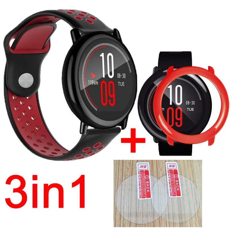 black red-red 3в1 Huami Amazfit Stratos pace ремешок Смарт часы силиконовые полосы браслет ремень для xiaomi Huami Amazfit стекло Защита экрана - Цвет: black red-red