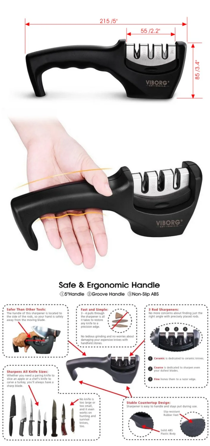 Профессиональная точилка для кухонных ножей VIBORG Easy 3 ступенчатая Алмазная ручная