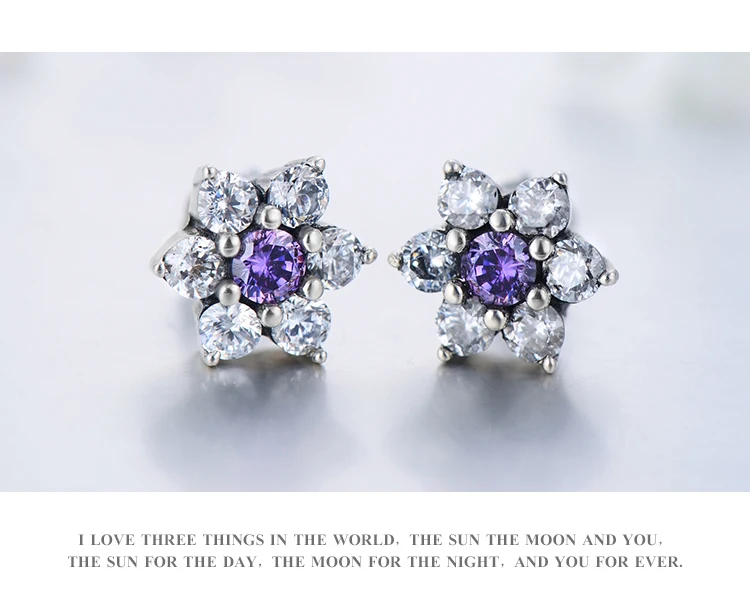 Modian, высокое качество, 925 пробы, Серебряный цветок, Фиолетовый Кристалл, серьги-гвоздики, Модные CZ для женщин, свадебные украшения, подарок