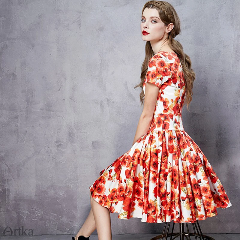 ARTKA Summer Women Floral Print Dresses O-Neck Short Sleeve Dress A-line Pleated LA10067C Женская одежда