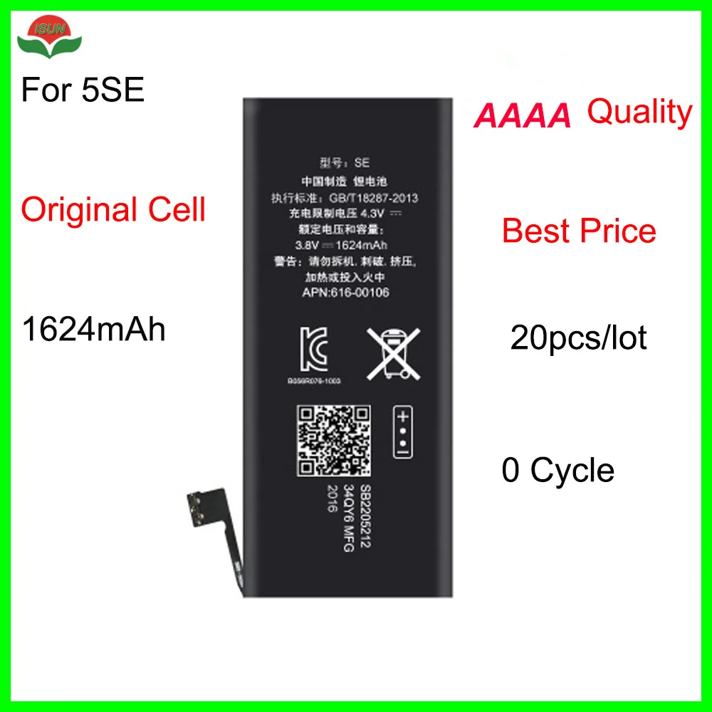 

ISUN 20pcs/lot AAAA Brand NEW OEM Replacement Battery For iPhone 5SE Battery 1624 mAH