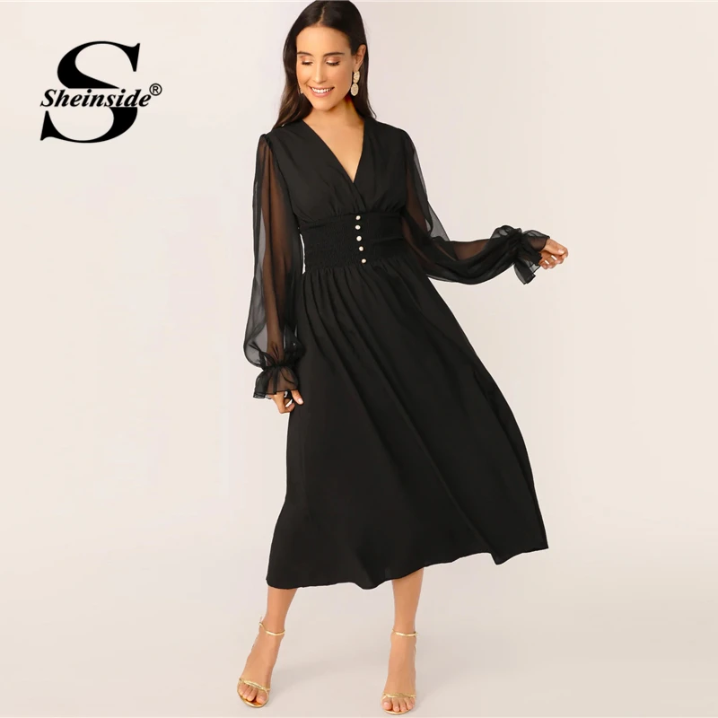 Sheinside Elegant V Neck Button Detail Dress Women Spring Mesh Lantern Sleeve Patchwork Dresses Ladies Solid A Line Dress