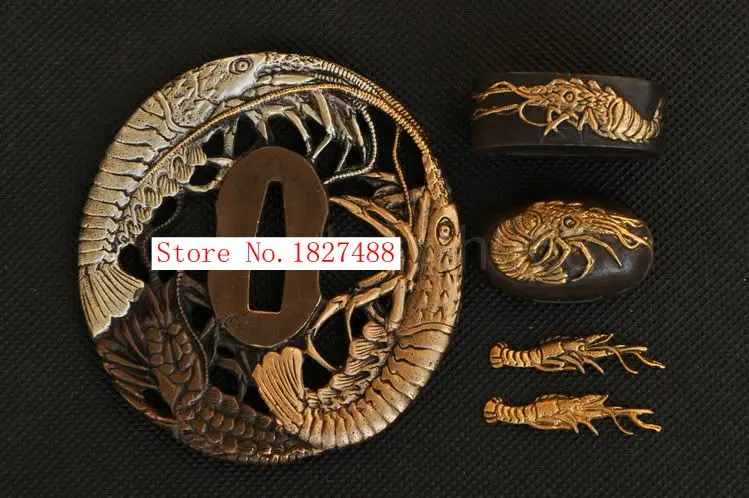 Japanese TOP Quality Brass Samurai Sword Shrimp Design Tsuba Katana Handgaurd Accessories W/TSUBA+FUCHI+KASHIRA+MENUKI | Дом и сад