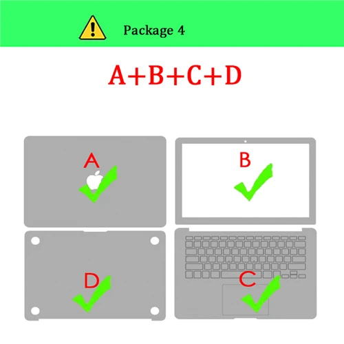 Package 4- A B C D Наклейка для ноутбука Macbook Air 13 A1932 для Apple macbook Air Pro retina 11 12 13 15 Защитная пленка для ноутбука - Цвет: Package 4- A B C D
