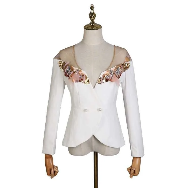[LIVIVIO] Сексапильный сетчатый блейзер с открытыми плечами, Женское пальто с длинным рукавом, с блестками, с бисером, блейзеры, топы для женщин, новинка, весна - Цвет: white Blazer