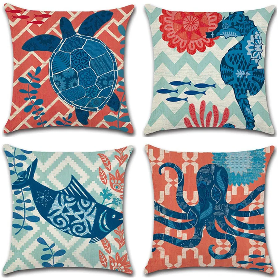 

New Marine Life Sea Turtle Seahorse Prints 45*45cm Cushion Cover Linen Throw Pillow Car Home Decoration Decorative Pillowcase