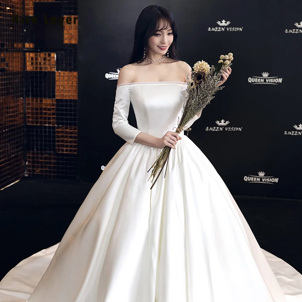 Vestidos De Casamento Boat Neck Three Quarter Sleeve Lace Up Back Simple France Satin Ball Gown Wedding Dress Plus Size | Свадьбы и
