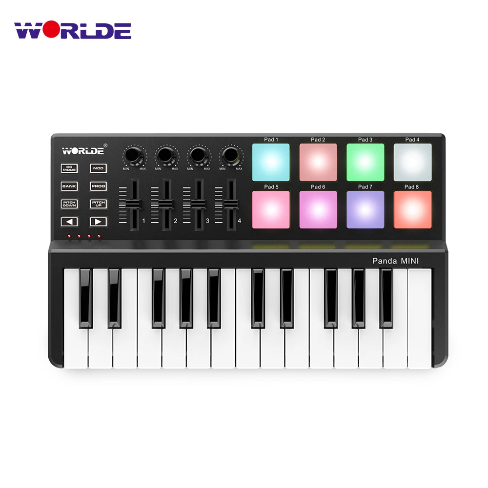 

WORLDE Panda MINI 25-Key MIDI Controller Ultra-Portable USB MIDI Keyboard Controller 8 Colorful Backlit Trigger Pads