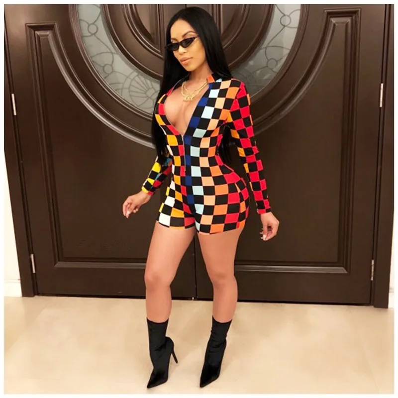 Клетчатый Облегающий комбинезон женский шорты мульти короткие женские
