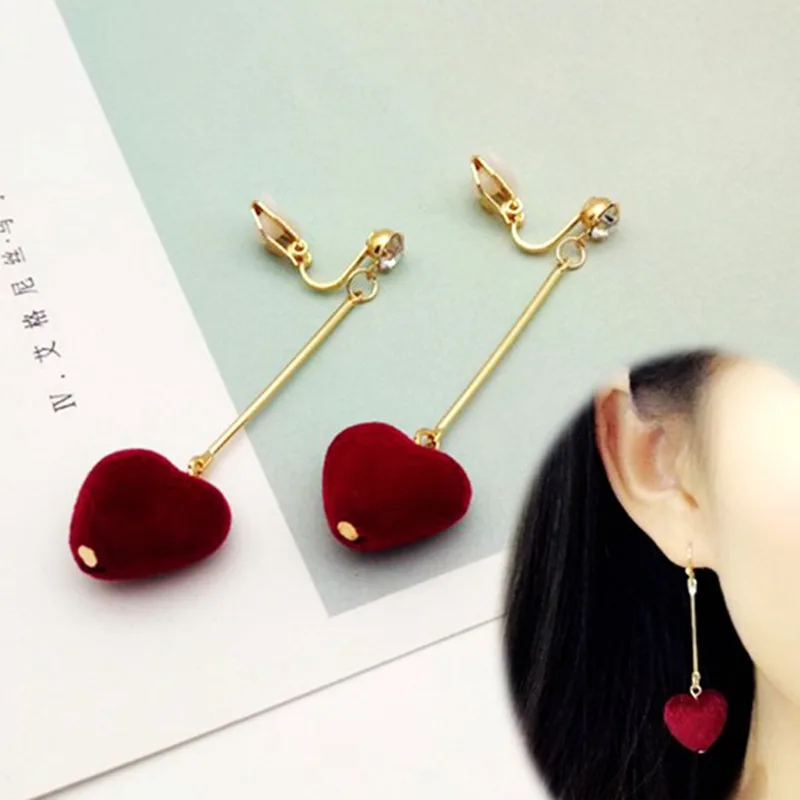 Женские серьги в форме сердца темно красные без пирсинга с вишневым покрытием