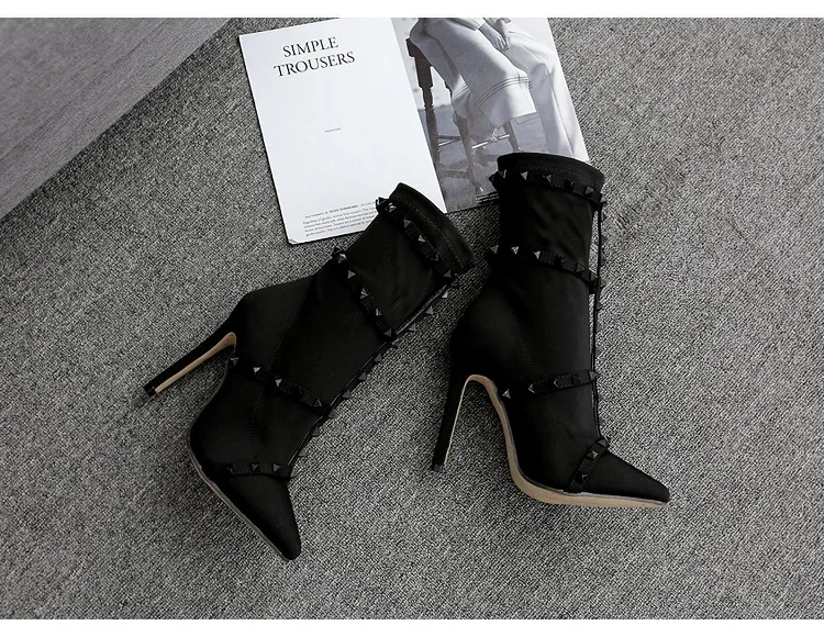 Botas mujer на осень-зиму пикантные до середины икры Женские ботинки обувь на высоком каблуке женские модные заклепки туфли-лодочки с острым носком черный, красный Большие размеры