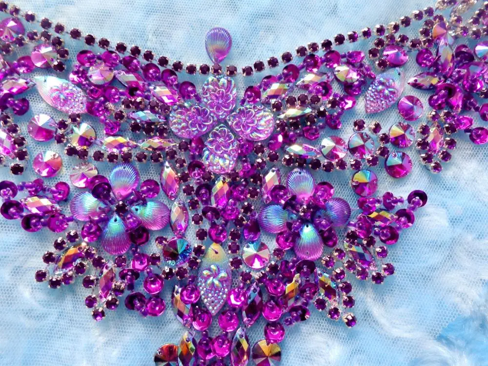 Handmade crystal patches purple sew on Rhinestones applique with stones sequins beads 32*13cm for top dress | Дом и сад