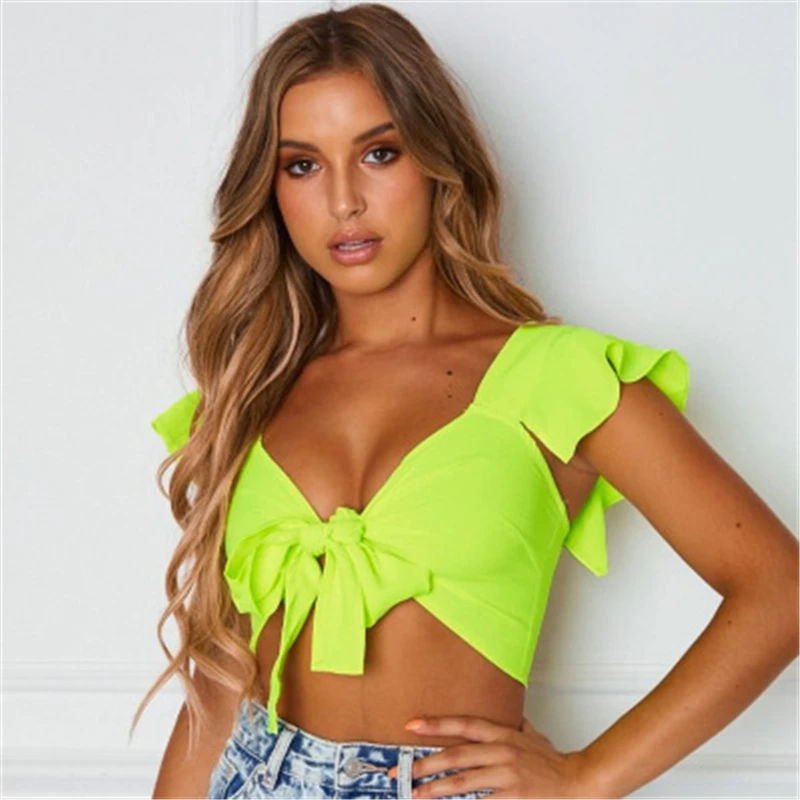 Пикантные Для женщин рубашка сплошной бабочка на шею Front Crop Top рюшами пляжная