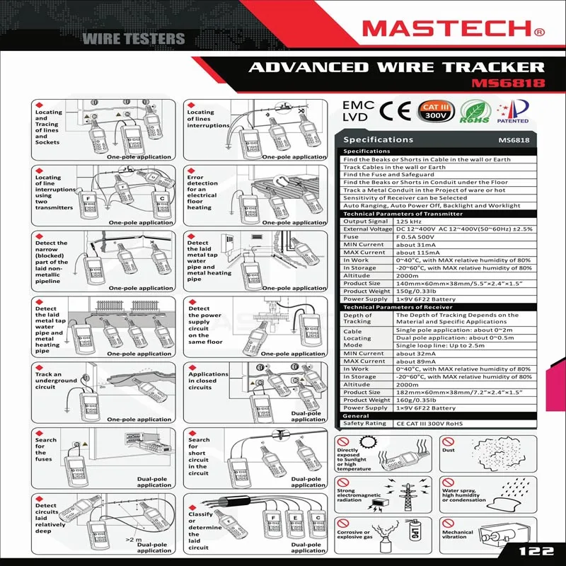 MASTECH MS6818 Расширенный тестер провода трекер многофункциональный кабель детектор 12~ 400 В труба локатор метр